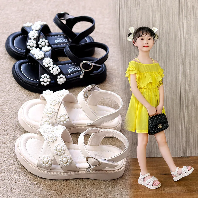 

2022 Flower Beaded Kids Shoes for Girl Sandals Cute and Sweet Flat Sandals for Princess Elegant Summer School Kids Shoes