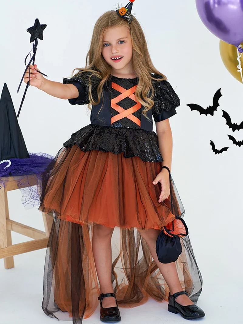 

Детская одежда для Хэллоуина, детское платье-пачка из оранжевой пряжи для девочек, платье с маленькой ведьмой для Хэллоуина, костюм для косплея, танцевальная одежда для выступления на сцене