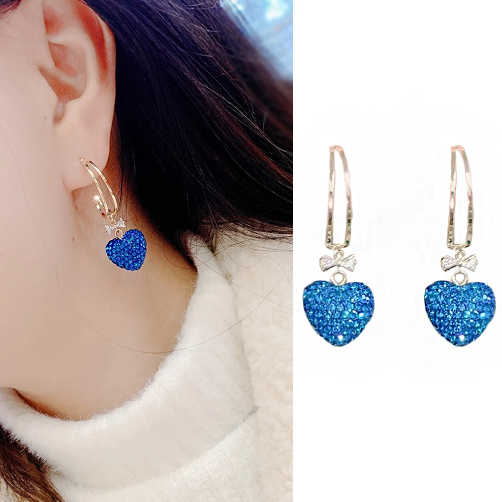 

1Pair Fashion Drop Hanging Earrings For Women Blue Crystal Heart Dangle Earrings Simple Party Wedding Ear Piercing Jewelry Gifts