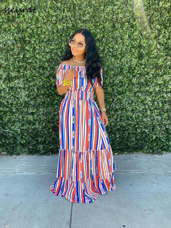 

Женское богемное длинное платье макси, Модные полосатые платья с открытыми плечами для пляжного отдыха