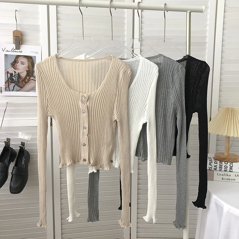 

Women Long Sleeve Sing Breated Summer Cardigan Sexy Slim V Neck Knit Top Vintage Korean Fashion Knitwear Solid Bodycon Sweater