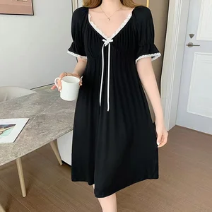 Women's Sleep & Lounge New Soft Women Sleep Skirt Cotton Short Sleeves Nightdress Black Luxury Ladie in Pakistan