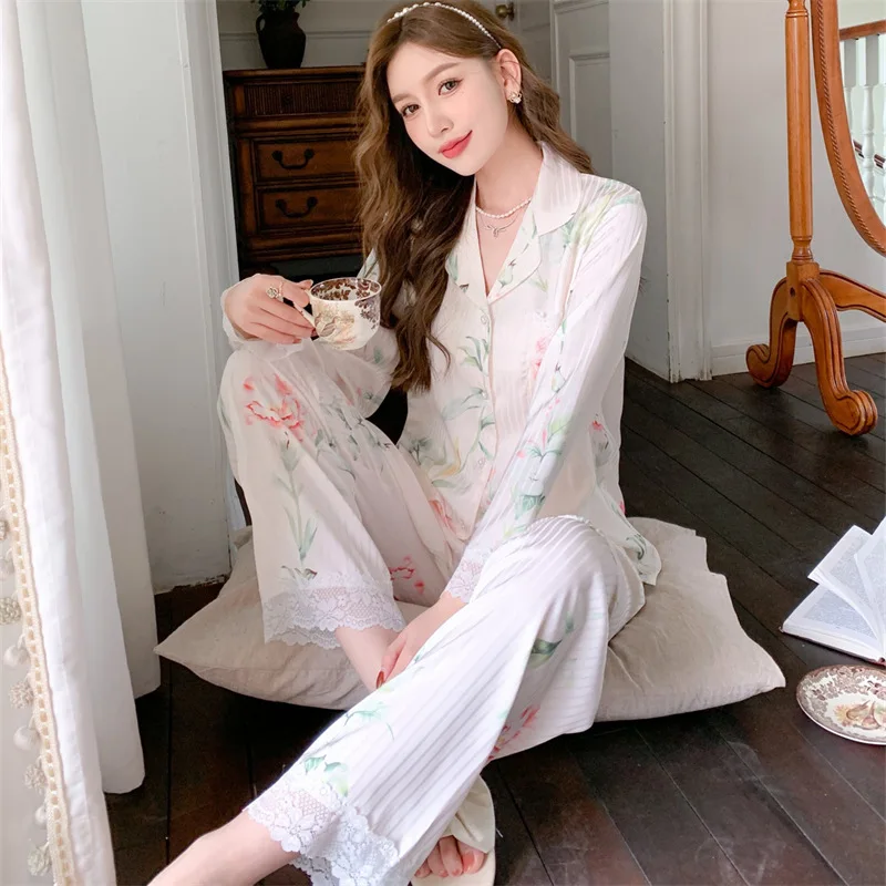 2023 Spring and Autumn New Pajamas Ladies Artificial Silk Jacquard Fashion Comfort Printing Long-Sleeved Trousers Cardigan Homew