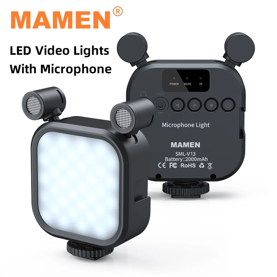 

MAMEN 5W LED Video Lights with Dual Microphone 2500K 9000K Lighting for YouTube Tik Tok Live Vlogging Kit 2000mAh Rechargeable