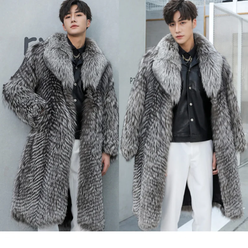 Autumn Winter New Men Fur Coat Fox Fur Long Coat Big Size Jacket Warm Casual Windbreaker Fur Coat Men Jackets