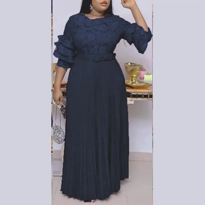 

Women's Dress Solid Color Lace Long Dress African Pleated Skirt With Belt Autumn Spring New Fashion 2022 Party Dresses Female