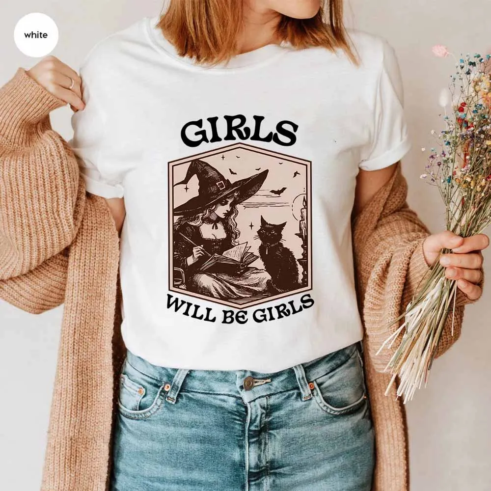 Фото Рубашка ведьмы для девочек Will Be Girls Винтажная рубашка ведьмы Хэллоуин Черный кот Готическая футболка Эстетическая футболка Y2k Женские жуткие топы ведьмы №3