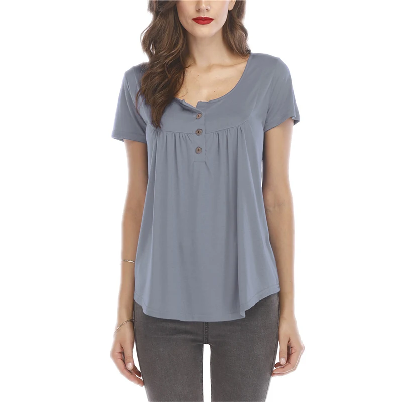 

Simple Casual T-shirts Summer Women O-Neck Solid Colors Plus Size Tops Short Sleeve All-Match Pullover Streetwear with Buttons