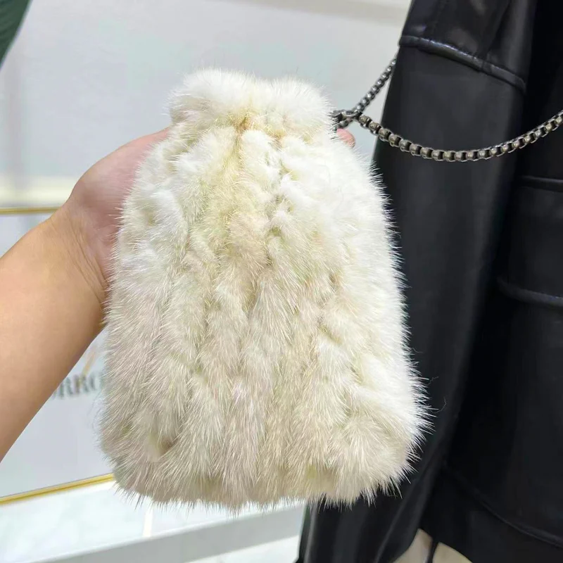 Mink Wool Real Fur Bag for Woman Hand-woven Luxury Charm Retro Bucket Bags Female Chain Women's Handbag Plush Designer Warm