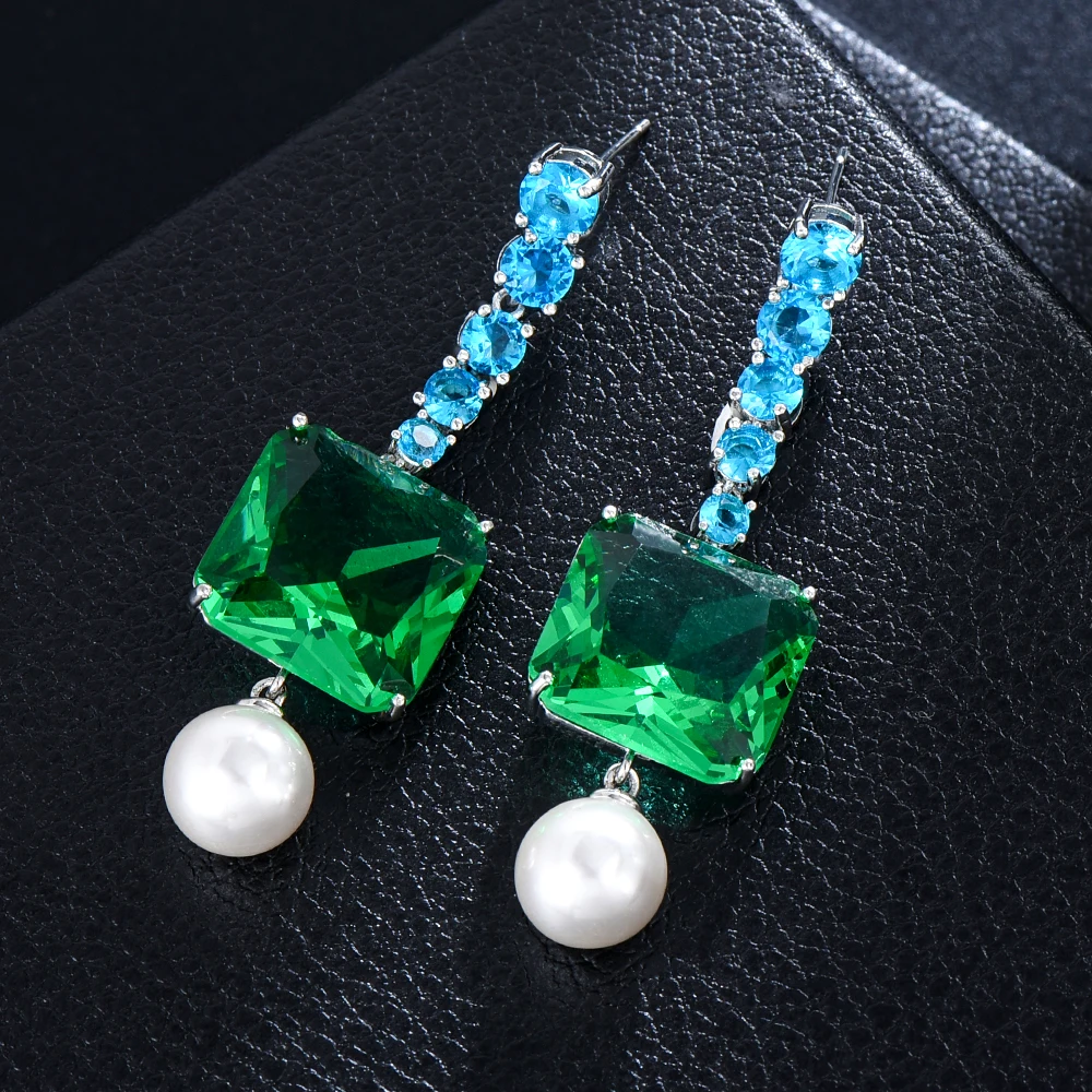 GODKI-pendientes cuadrados de mezcla de perlas verdes y azules para mujer, aretes de caramelo para oreja, joyería al por mayor, 2022