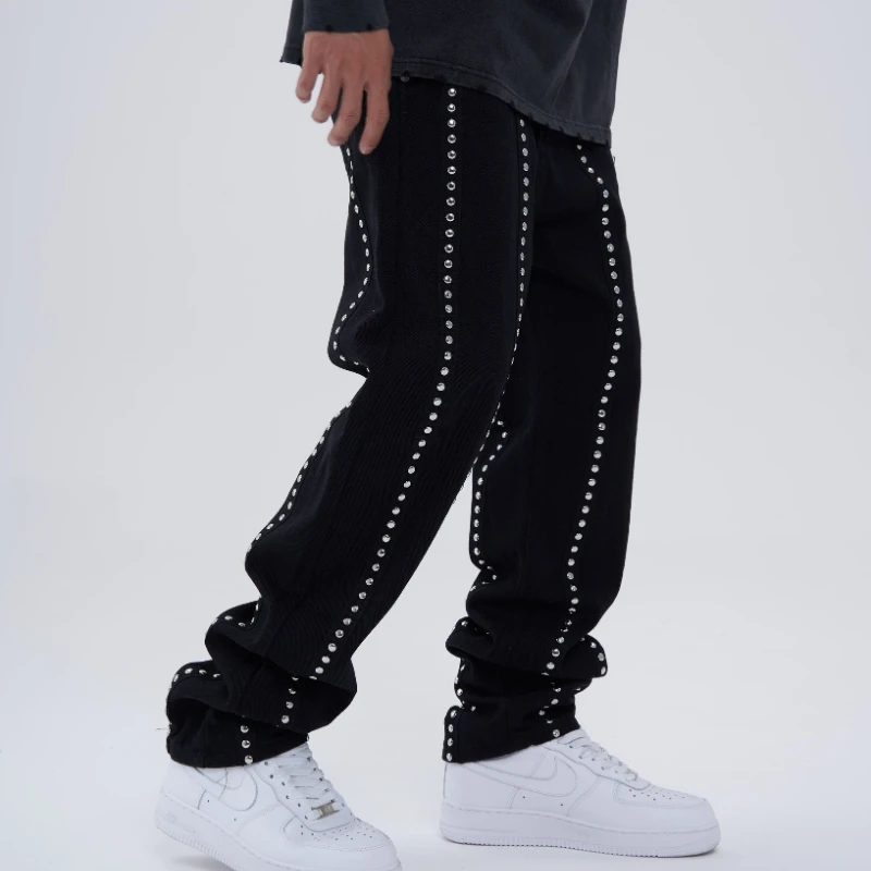 Fashion Punk Rivet Denim Jeans Pants Mens New Casual Zipper Straight Harajuku Trouser Hip Hop Streetwear Pant Joggers Men Jeans