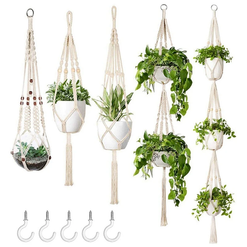 

5 Pack Macrame Plant Hangers Outdoor Indoor Hanging Planters + 5 Hooks, Hanging Plant Holder Basket Stand Decorative