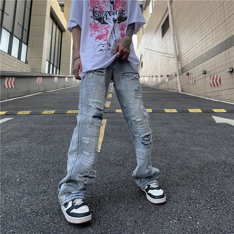 Ripped Hole Retro Washed Mens Jeans Streetwear Distressed Casual Baggy Denim Trousers Harajuku Straight Vibe Style Loose Pants