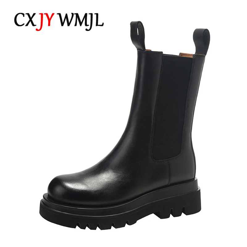 

CXJYWMJL Plus Size Genuine Leather Women Chelsea Boots Elastic Band Platform Chimney Boot Ladies Autumn Booties Winter Warm Shoe