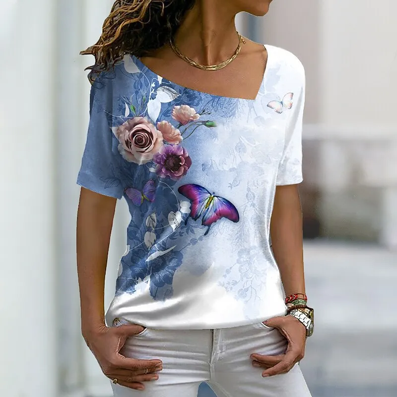 

Summer Butterfly T-Shirts 3D Print Women's Floral Y2k Oversized Short Sleeve Skew Collar T Shirt Woman Female Tees Tops Clothing