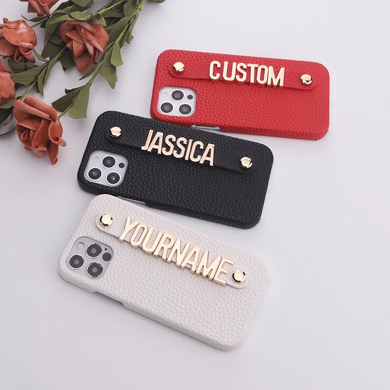holding strap personalization custom metal name leather mobile phone case cover for iphone 12 11 13pro max mini xr x 7 8plus x free global shipping