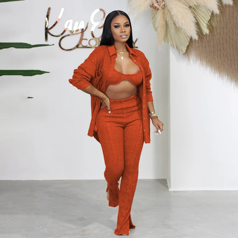 

Knit Ribbed Solid Tracksuit Women Autumn Winter Long Sleeve Sweater Cardigan +Bra+Long Flare Leggings Sexy Club Party Bodycon