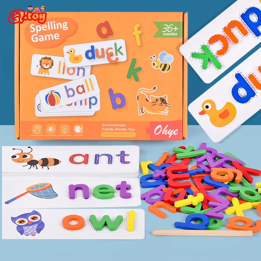 Wooden 26 Alphabet Letter, Learning Cards Set Word Spelling Writing Phonics Toy English Letters Educational Toys for Kids