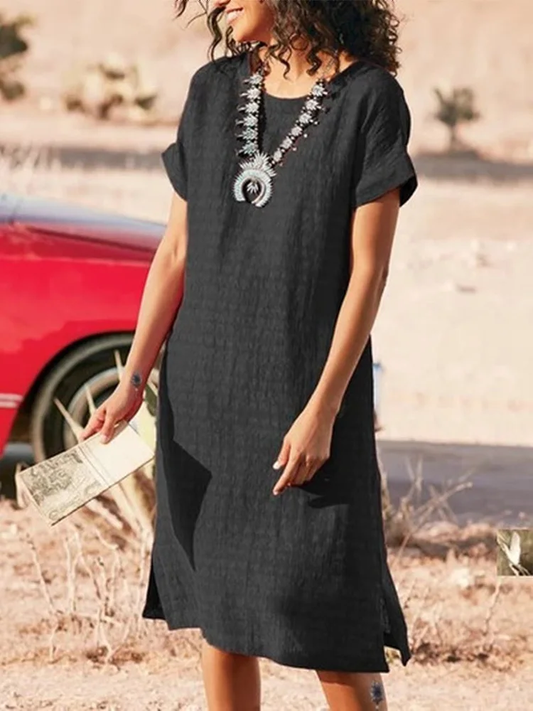 

Women Casual O Neck Slit Party Dress New Spring Elegant Solid A-Line Office Ladies Dress Summer Short Sleeve Loose Beach Dresses