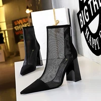 bigtree spring new sexy mesh ankle boots women pointed toe square heels fashion zip ladies party shoes size 34 40 women shoes