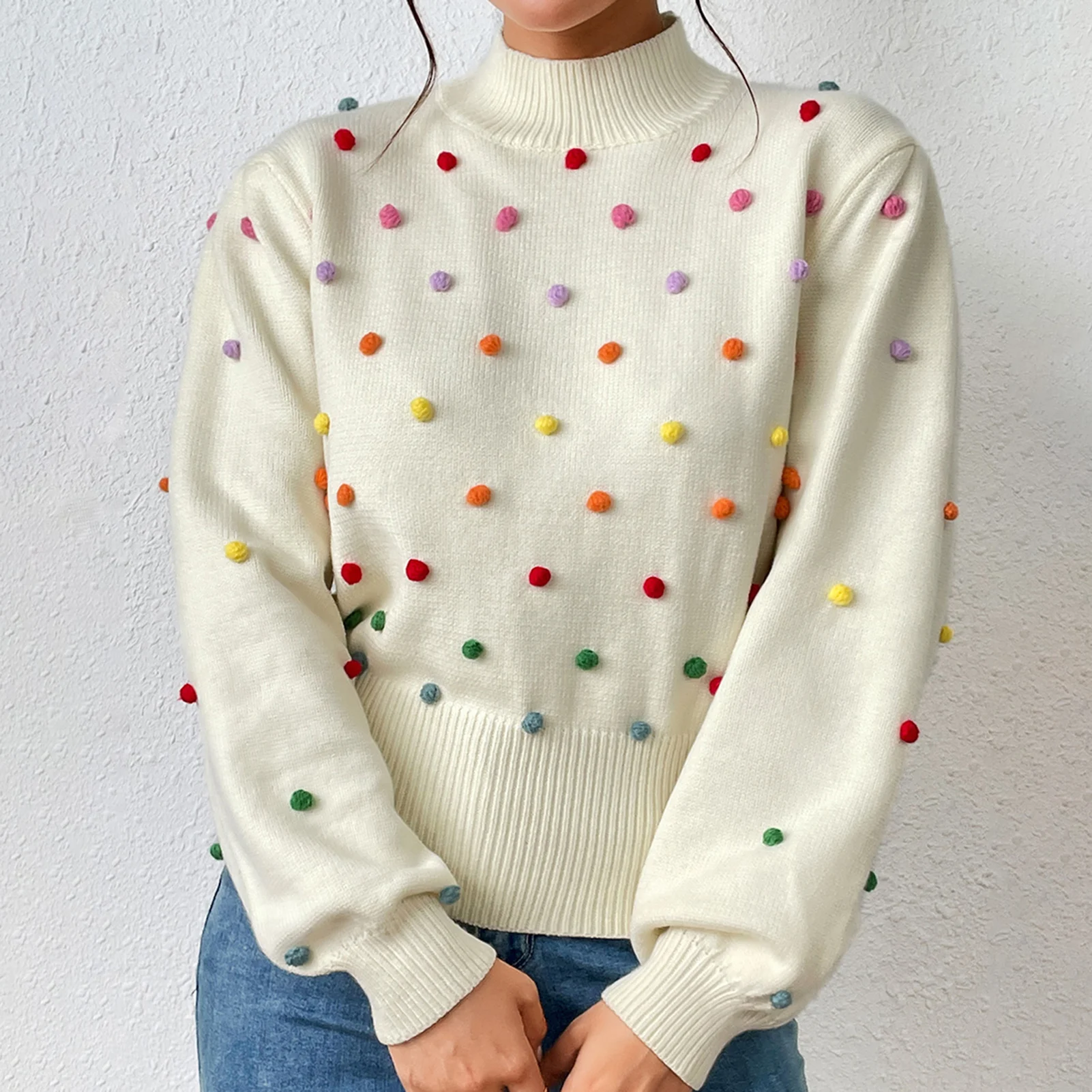 

Autumn Winter Women's Sweater Pullover Rainbow Pom Pom Crew Neck Long Sleeve Solid Color Slight Strech Cute Style Vacation