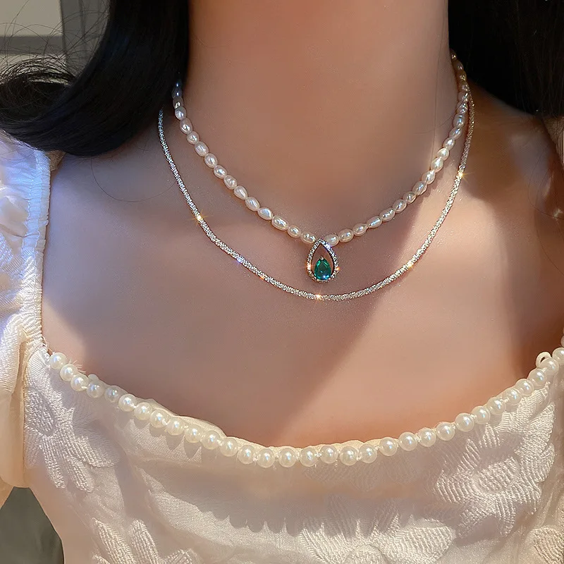 

Freshwater pearl green water drop choker double layer necklace Korean temperament super fairy atmosphere clavicle chain