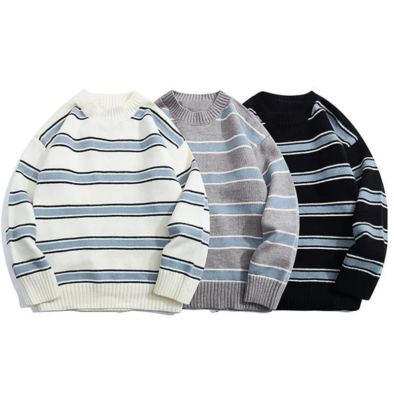 

Striped Harajuku Oversized Sweater 2022 Autumn New Japanese Style Round Neck Spliced Color Loose Couples Hip Hop Knitted Sweater
