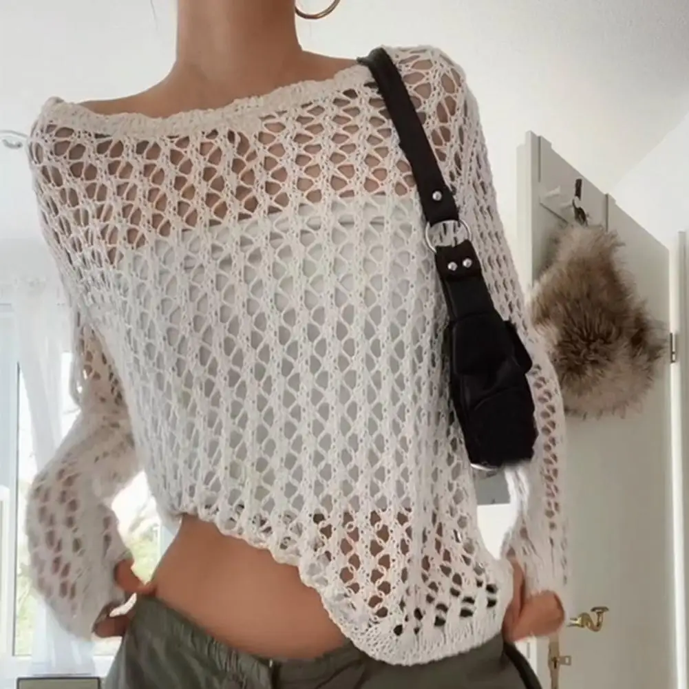 

Vintage Loose Hollow Out Knit Pullovers Women 2023 Casual Y2K Clothes Smock Tops Summer Shirts Sweater Knitwear