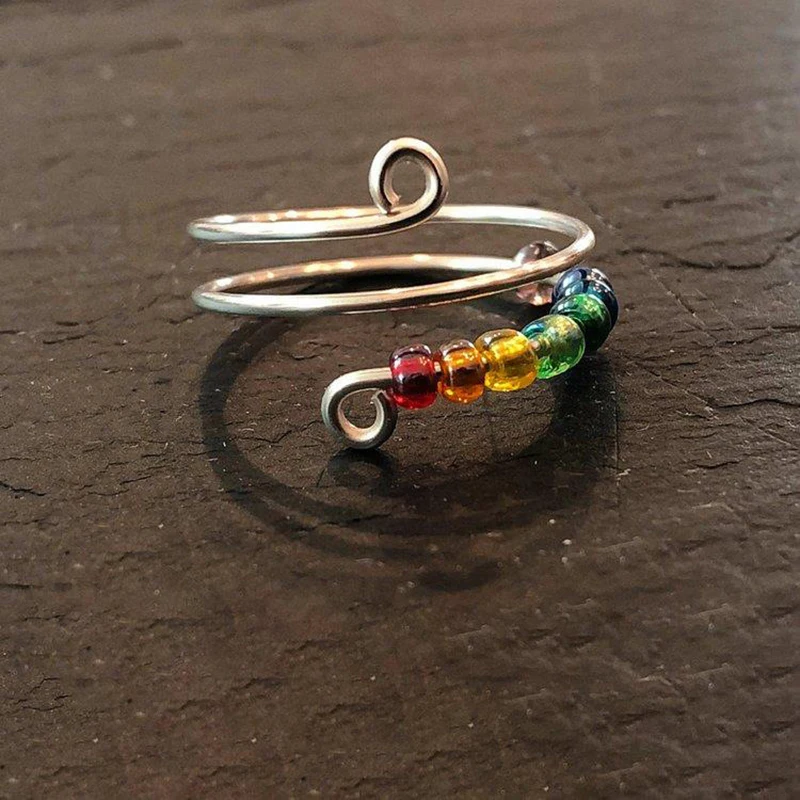 

Trend Colorful Beads Ring For Women Decompression Stainless Steel Ring Rotatable Anti-anxiety Rainbow Beaded Ring Jewelry Gift