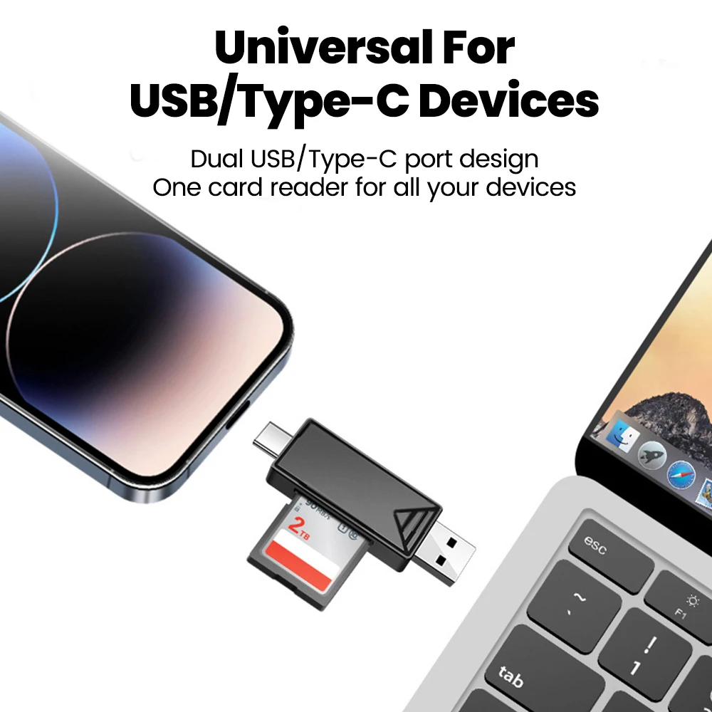 Фото USB-кардридер 2 в 1 USB 2.0/3.0, высокоскоростной адаптер для карт памяти TF/SD, USB Type-C, для ПК и ноутбуков №3