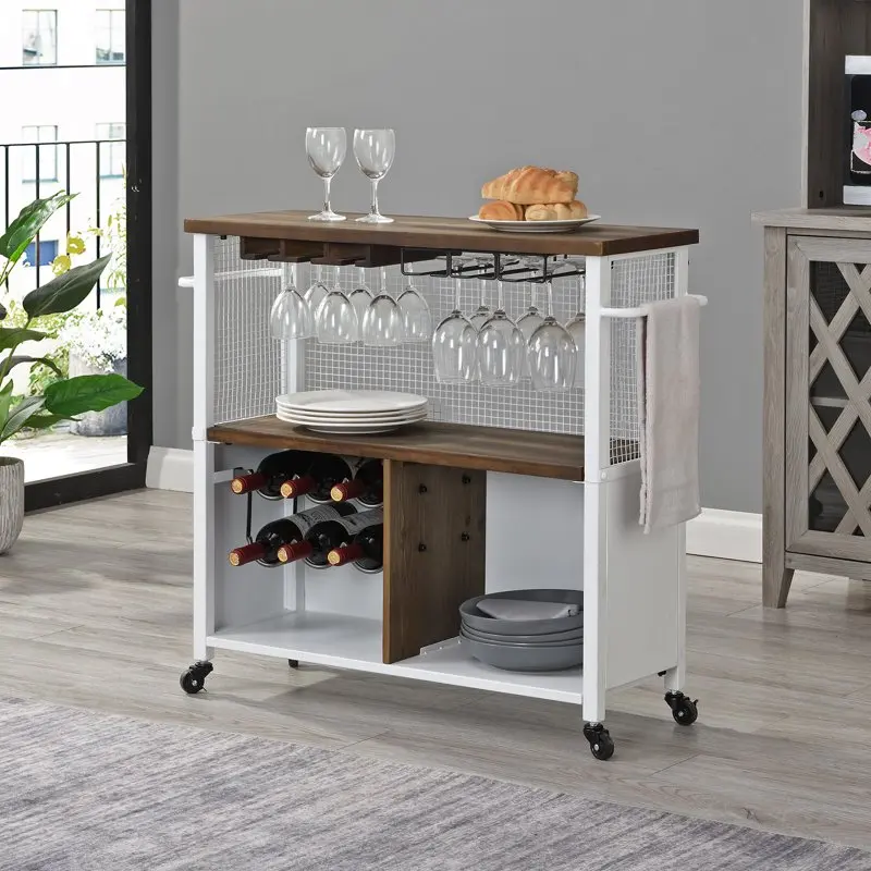 

& Co. White And Brown Chandler Kitchen Cart, Farmhouse, Wood, 34.25 x 12 x 31.5 in