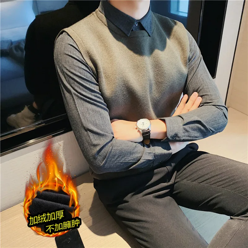 

Новейшая модель восковых поддельных двух тонких рубашек с длинным рукавом мужская рубашка с воротником вязаный пуловер жилет Повседневная Клубная рубашка уличная одежда