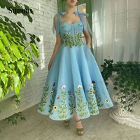 blue tulle tea length prom dress flower appliques bow straps sweetheart prom gown a line graduation evening dresses with pocket
