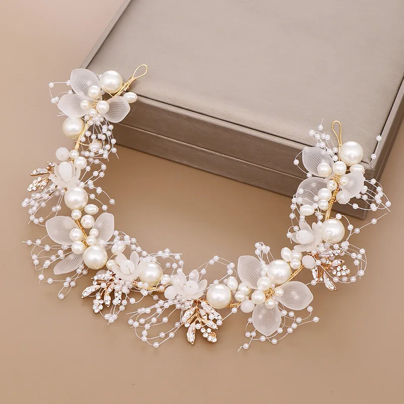 

2023 Pearl Flower Headband Bridal Headdress Wedding Crown Fashion Wreath Bracelet Band Tiaras Crystal Headpiece Hair Accessories