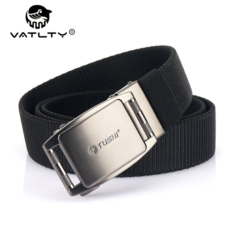 VATLTY 3.5cm Casual Belt Male Silver Alloy Automatic Buckle Jeans Belt for Men Real Nylon 100cm-120cm Tactical Outdoors Belt