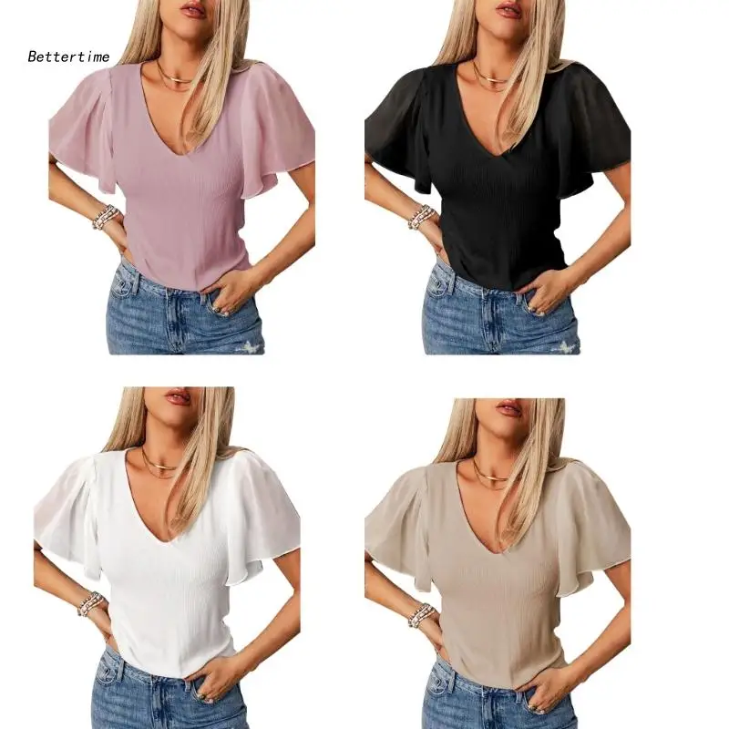 

B36D женская летняя блузка с оборками и коротким рукавом с V-образным вырезом, Повседневная облегающая однотонная Базовая Трикотажная футболка в рубчик, топы