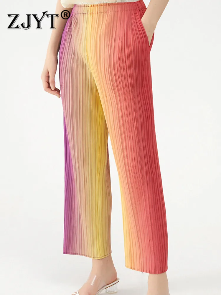 

Брюки ZJYT женские плиссированные с радужным градиентом, дизайнерские прямые удобные повседневные брюки с завышенной талией и широкими штан...