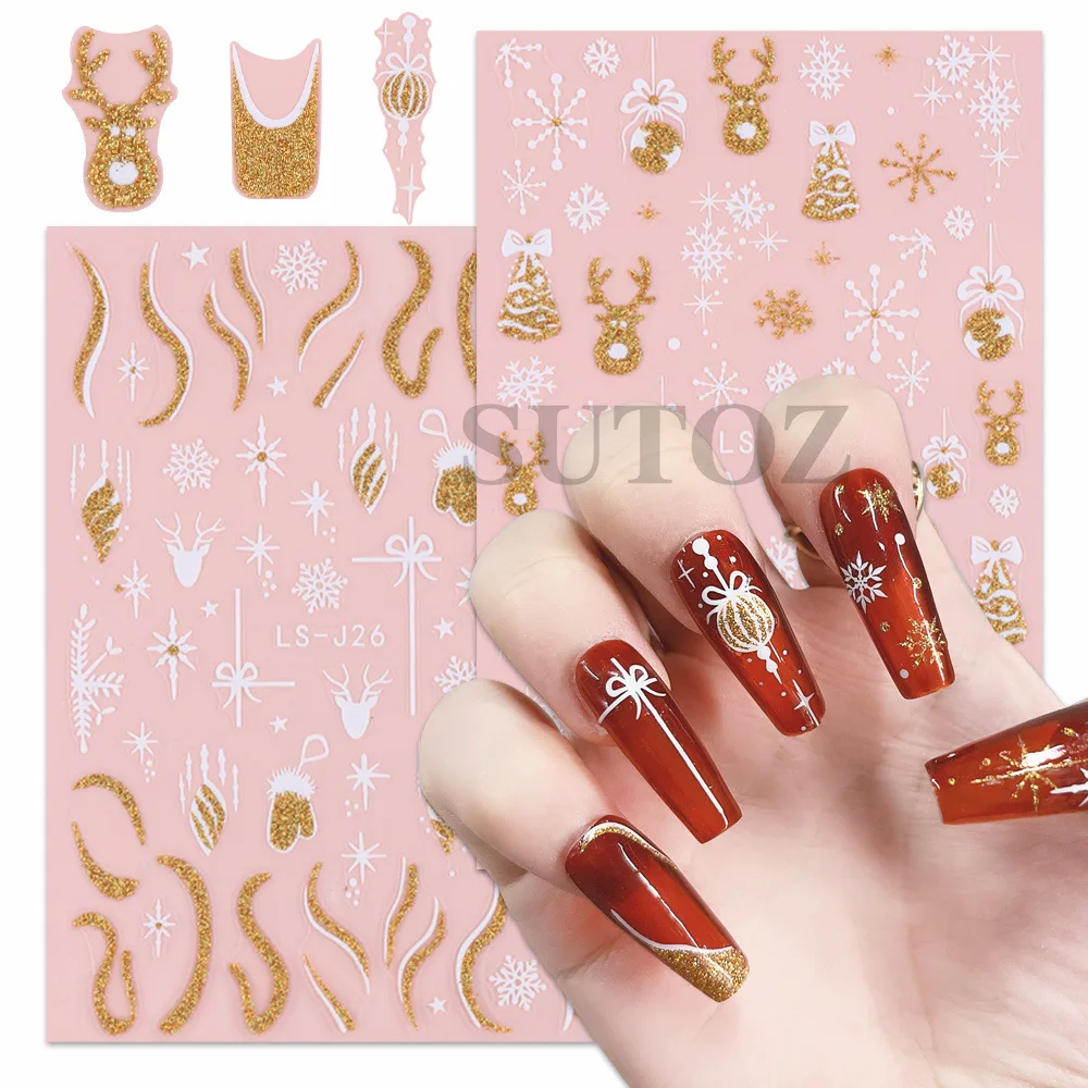 

1pcs New Christmas Stickers For Nails Glitter Gold Silver 3D Nail Stickers Xmas Tree Elk Snowflakes Nail Foils Manicure Decorati