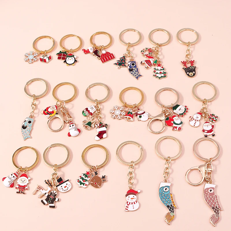 

Mix New Christmas Keychain Cute Santa Claus Snowman Snowflake Bell Tree Stocking Gifts Key chains Keyring for Car Key Holder