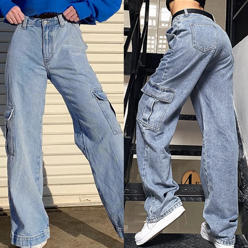 

Hot Kf-Pockets Patchwork High Waist Jeans Women Streetwear Straight Jean Cargo Pants