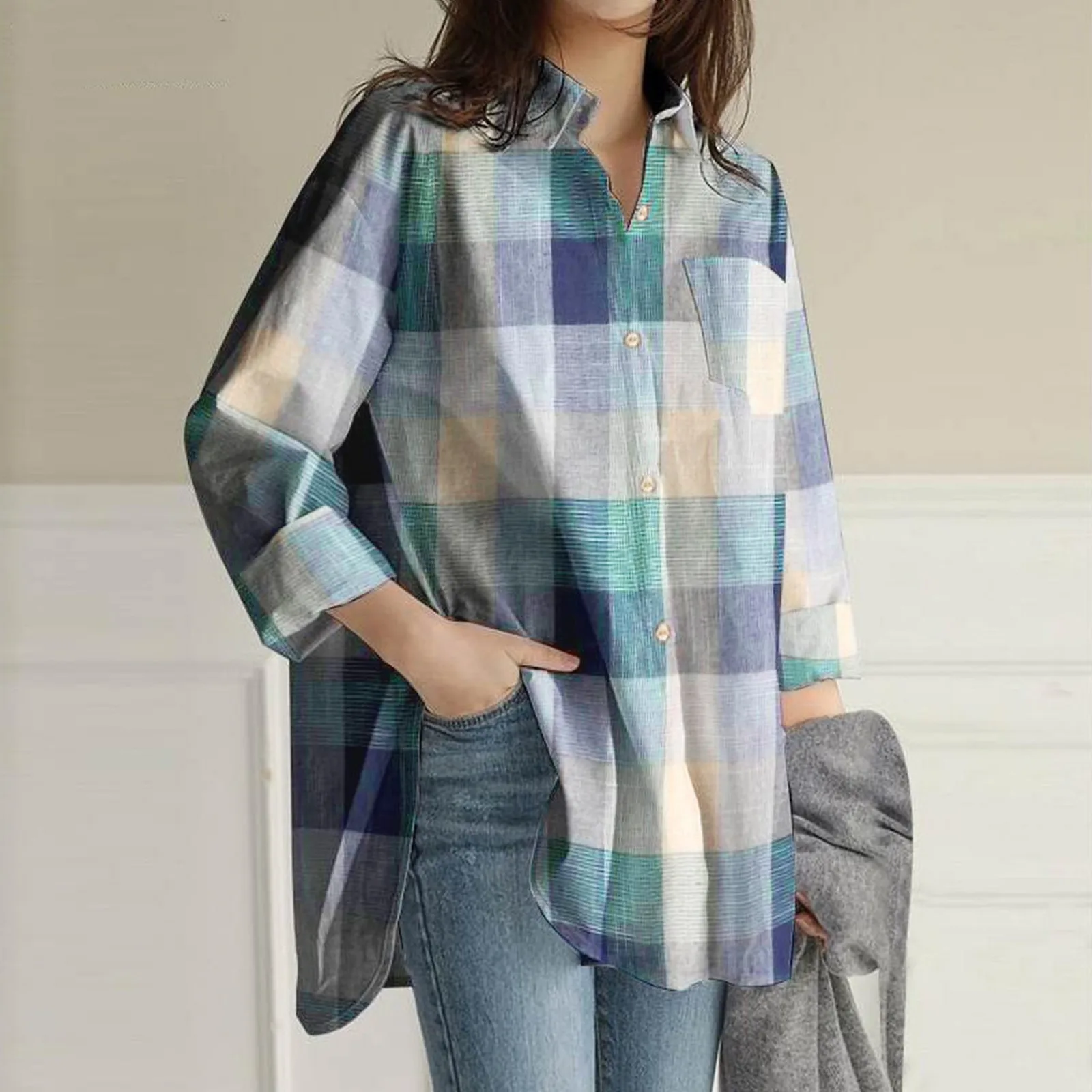 

Womens Lapel Long Sleeve Top V Neck Top Long Sleeve Tunic Plaid Print Top