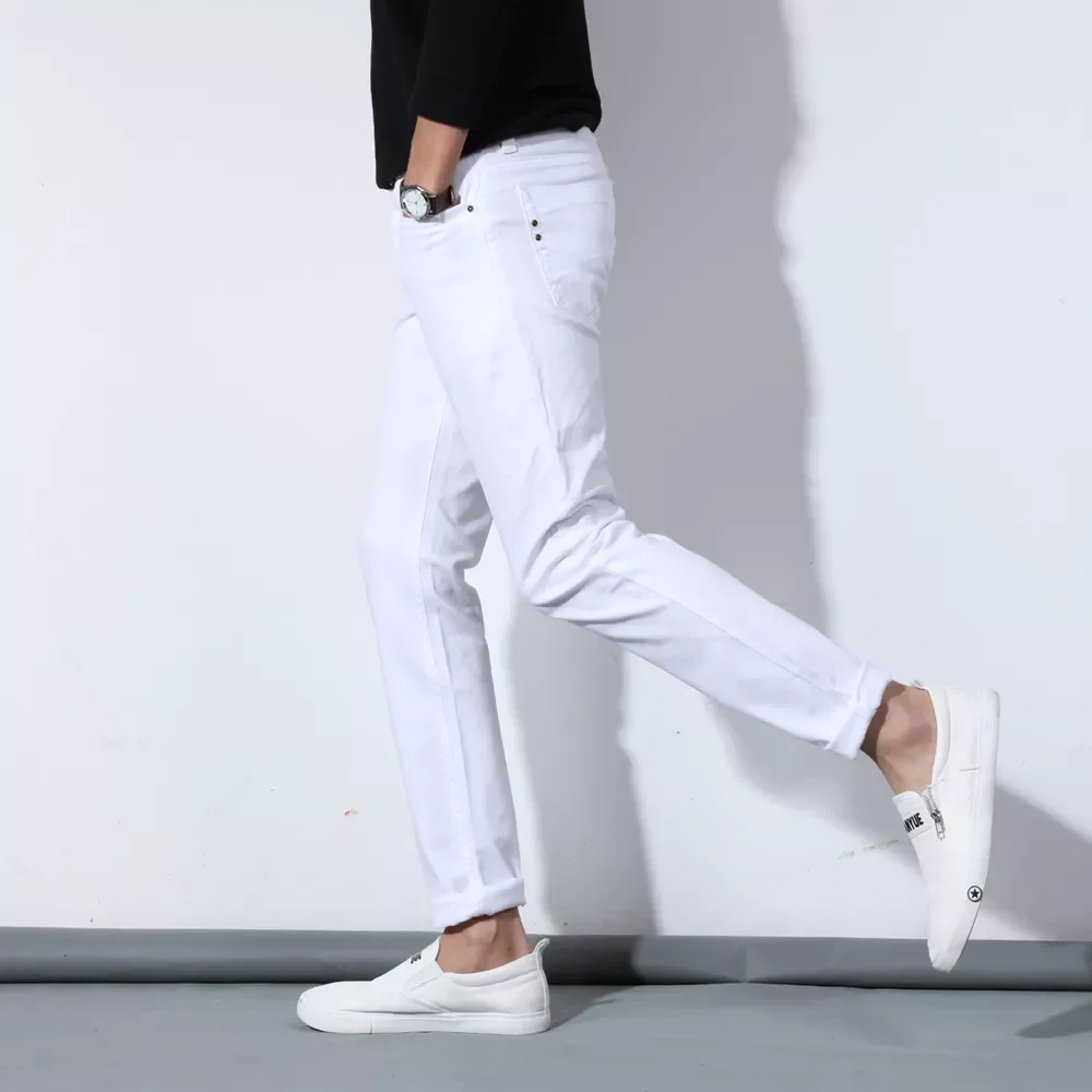 2022New New Autumn Men's Pure White Cotton Jeans Fashion Casual Slim Stretch Pants Male Brand Clothes