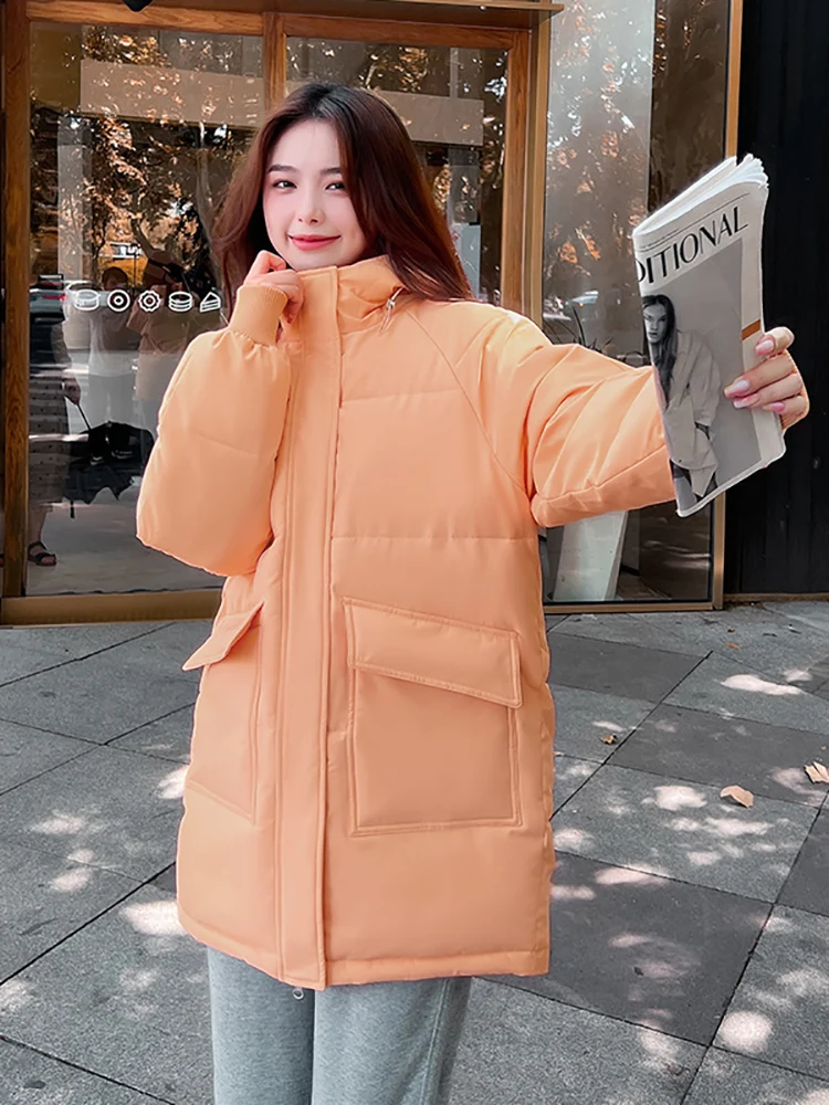Autumn Winter Thicken Warm Medium Long Chic Parka Women Casual Sweety Solid Color Big Pocket Loose Hooded Coat Jackets Outwear