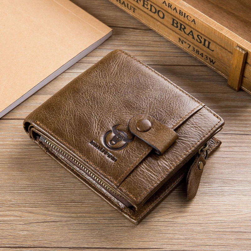 Genuine Cowhide Leather Men Wallet Fashion Coin Purse Card Holder RFID   Blocking Protection Male Clutch Zipper Clamp Money Bag