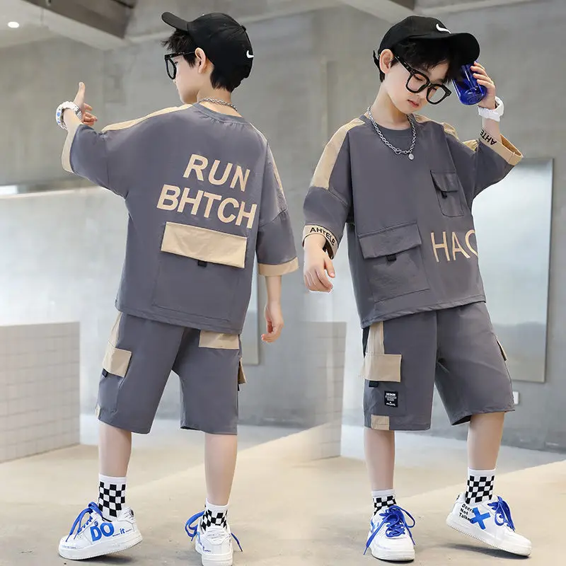 2022 New Boys Clothing Sets Summer Kids Boys Suit T-shirt + Shorts 2 Pieces Suit Kids Teenage Outfits For 4 6 8 10 12 14 Years