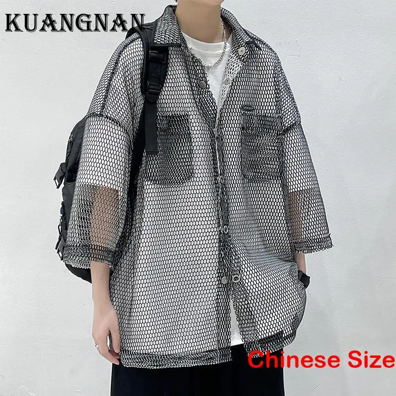 

KUANGNAN Patchwork Half Sleeve Shirt Men's Fashion Luxury Clothing Mens Shirts Blouses Tops Cool Blouse Top Sale 5XL 2023 Summer