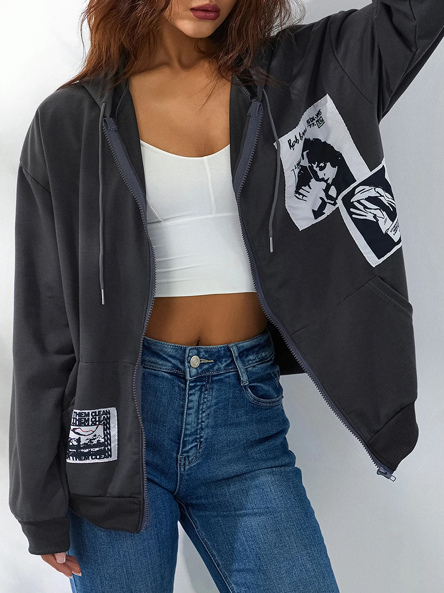 

women oversize hoodies sweatshirts print Zipper Chic Casual Style Loose Spring Autumn Harajuku punk Hoodies Street Outwear