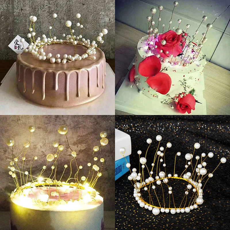 

New LED Lamp Pearl Crown Cake Topper Decor Princess Party Top Topper Happy Birthday Cake Decorating Tools Gift Wedding Supplies