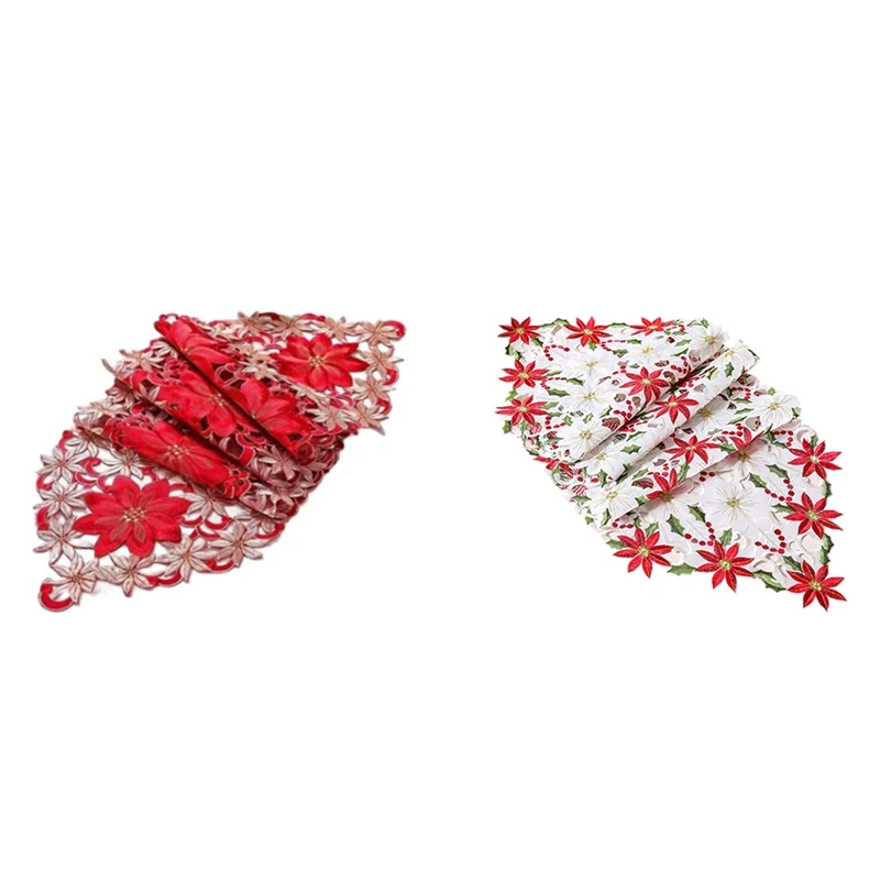 

Popular Satin Embroidery Christmas Poinsettia Flowers Bed Table Runner Flag Cover New Year Home Decor