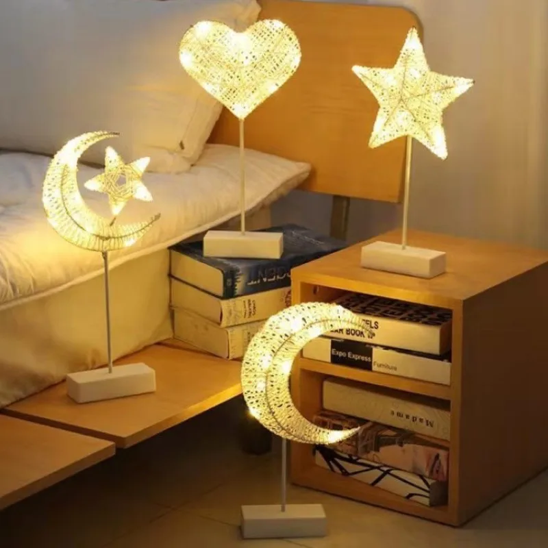 

Night Light Christmas Star Moon Table Lamp Rattan Modeling LED Bedroom Desk Light Home Ramadan EID Mubarak Decoration